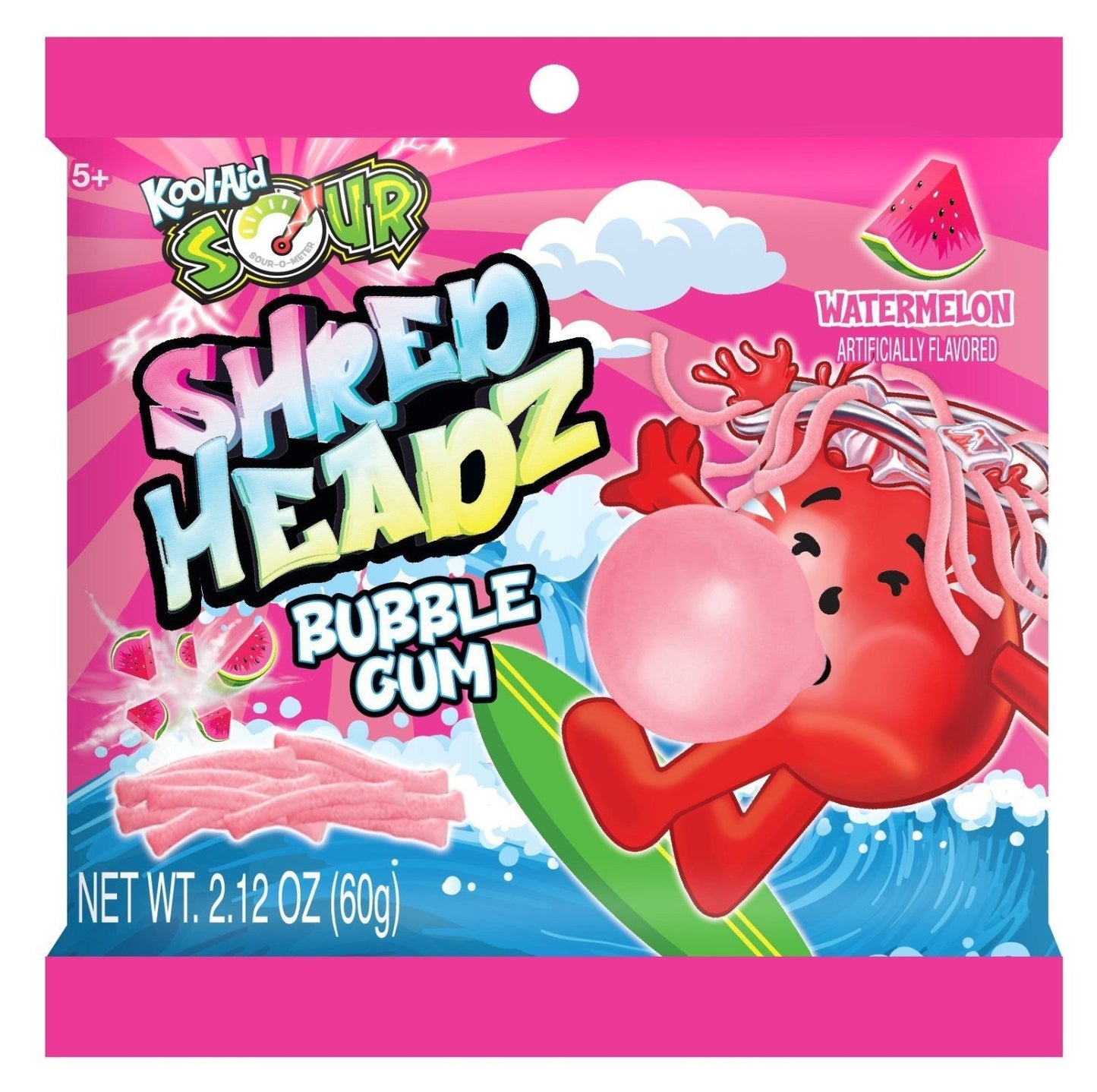 Kool-Aid Sour Shred Headz Sour Watermelon Bubblegum Peg Bag 2.12oz X 12 Units