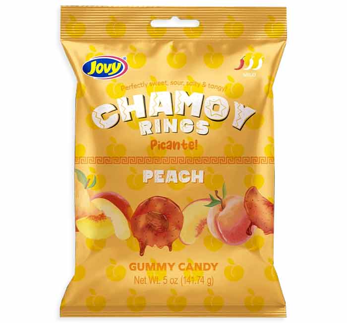 Jovy Chamoy Spicy Peach Rings Peg Bag 5oz X 12 Units