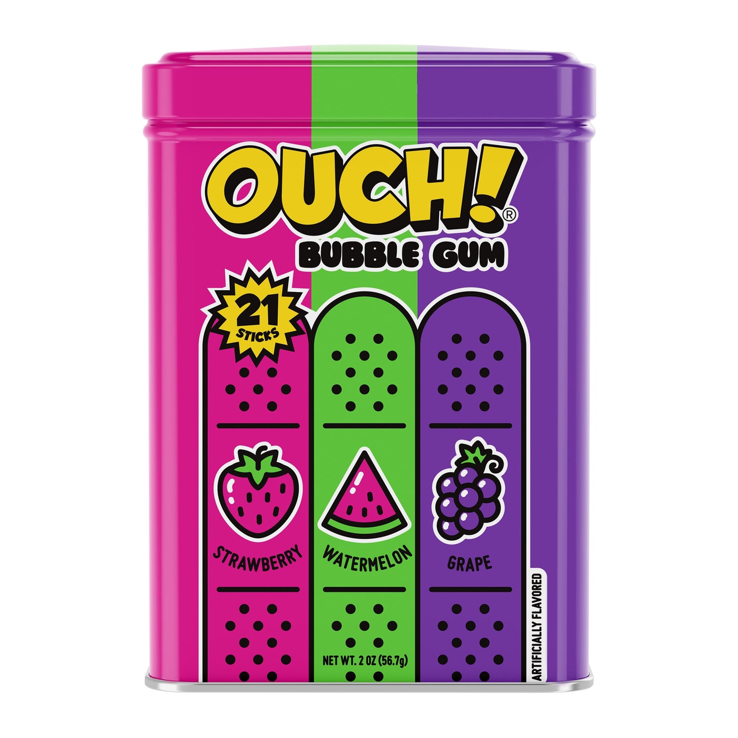 Ouch! Bubble Gum Assorted Flavor Tin 21pc X 12 Units