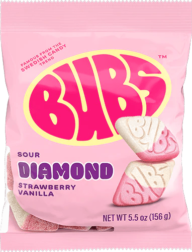 Bubs Sour Diamond Strawberry Vanilla Vegan Peg Bag 156g X 8 Units - CandyStation